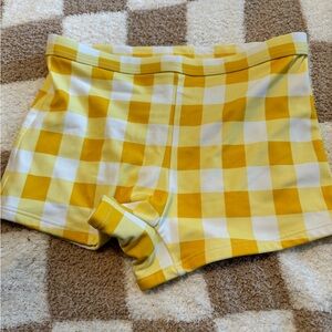 Hanna Andersson yellow checkered and blue striped swim shorts